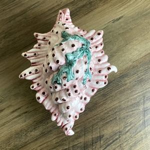 Horchow Conch Shell Trinket Box Made in Italy, Pink and Green Sea Shell Dish